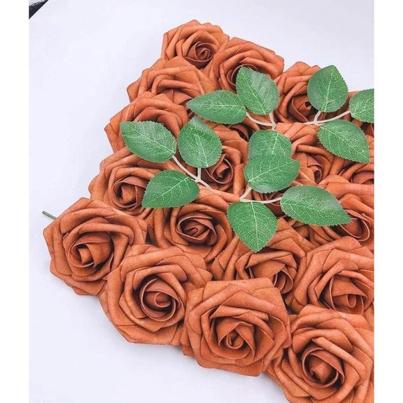 25 count | Burnt Orange Roses w/ Stems Leaves Wedding Party Bouquets Centerpiece - Picture 3 of 4
